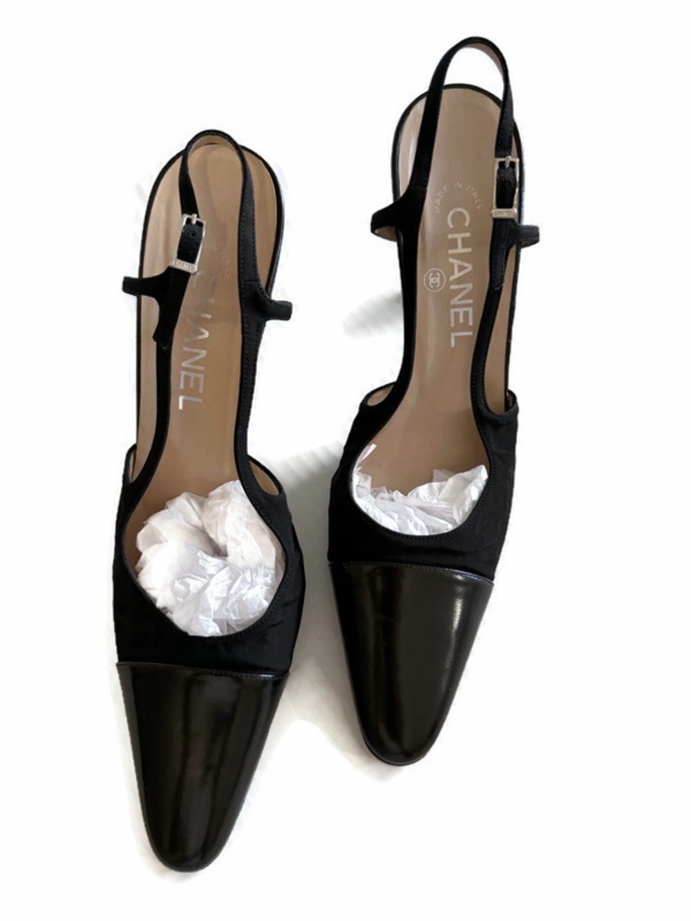 CHANEL Black Satin and Patent Leather Slingback Pumps